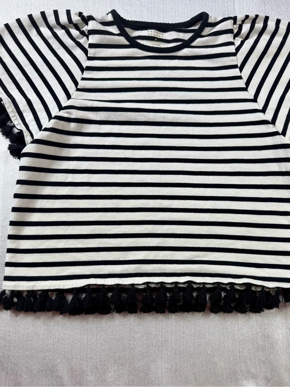 Kate Spade Black and White Striped Short-Sleeve Tassel Trim Top Size Large